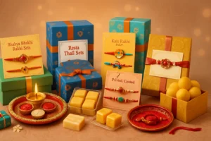 Raksha Bandhan Handcrafted Pooja Thali Combo Set With 2 Kids Rakhi, Roli Chawal, Raksha Bandhan Greeting Card | Set of 2